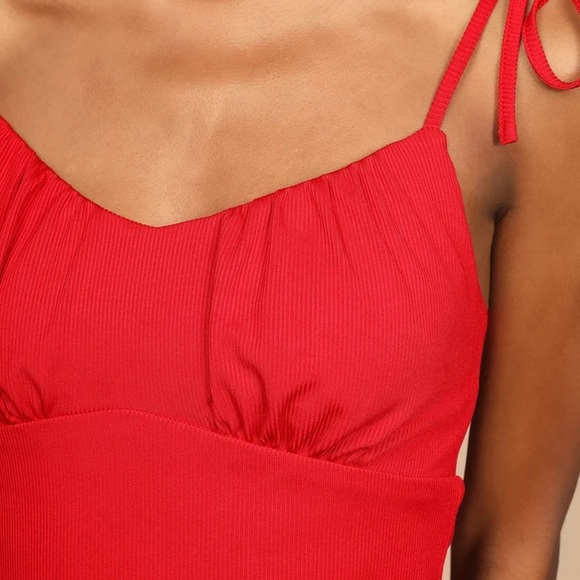 Red Ribbed Tie-Strap Bodycon Mini Dress - Picture 5 of 5